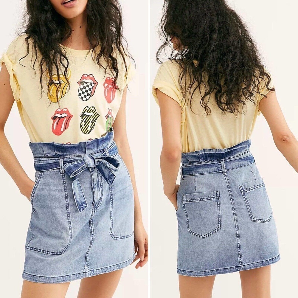Free People Size 8 Splendor in the Grass Paperbag High Waist Denim Skirt Indigo